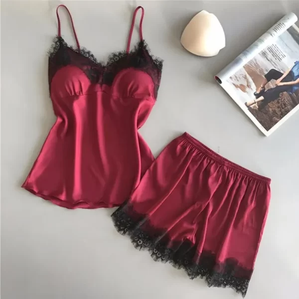 Women's Satin Pajama Set - V-Neck, Lace, Bowknot, Sexy Sleepwear with Shorts 1